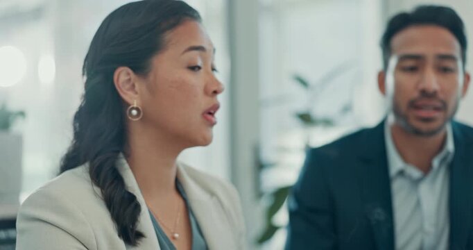 Office, computer and hands with coffee, team and pointing at financial report on web and discussion. Accountants, man and woman with technology for project, tea and collaboration for budget analysis