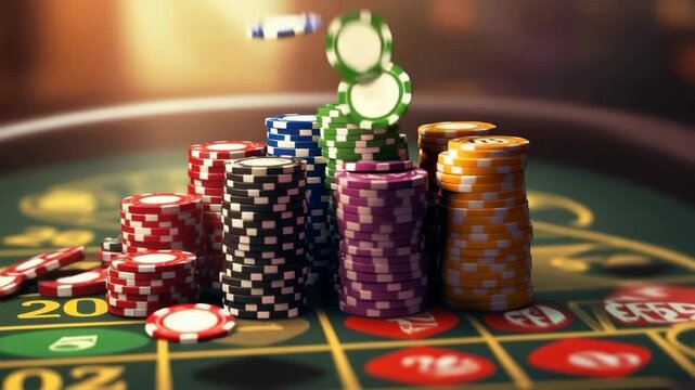 Stacks of colorful poker chips sit on a roulette table in a lively casino. Players anticipate the spin while enjoying the thrill of gaming. The atmosphere is filled with excitement.