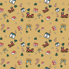 A seamless pattern with a cartoon New Year and Christmas icons on a gold background. This simple design is perfect for holiday wrapping paper, fabric, or digital backgrounds.