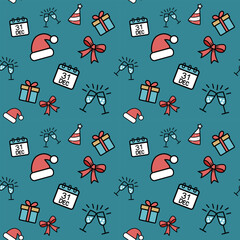 A seamless pattern with a cartoon New Year and Christmas icons on a dark blue background. This simple design is perfect for holiday wrapping paper, fabric, or digital backgrounds.