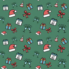 A seamless pattern with a cartoon New Year and Christmas icons on a dark green background. This simple design is perfect for holiday wrapping paper, fabric, or digital backgrounds.