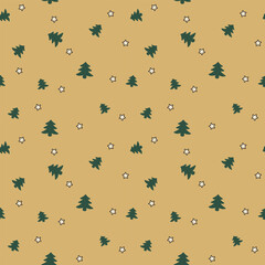 A seamless pattern with a stylized dark green Christmas trees and stars scattered on a light brown background. This simple design is perfect for holiday wrapping paper, fabric, or digital backgrounds.
