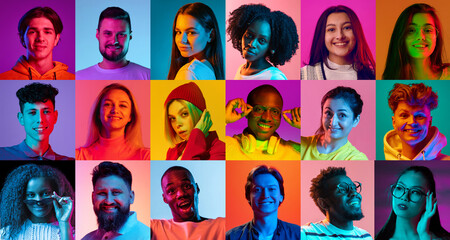 Group of diverse young people in neon light portrait collage symbolizing creative unity. Concept of...