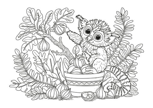 A cute galago perches on a fig tree. This coloring page is for kids and adults. This black and white illustration is perfect for coloring.