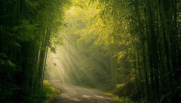 Curving asphalt road stretching through bamboo forest, with sunlight filtering through undergrowth - Powered by Adobe