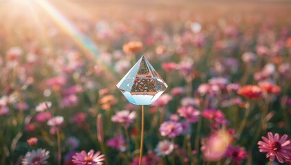 Glass prism balancing on slender flower stem in meadow under sunlight, with pink magenta blooms