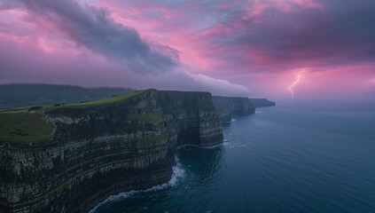 Displaying layered sea cliffs by Atlantic coast in storm with crashing waves, lightning, copy space