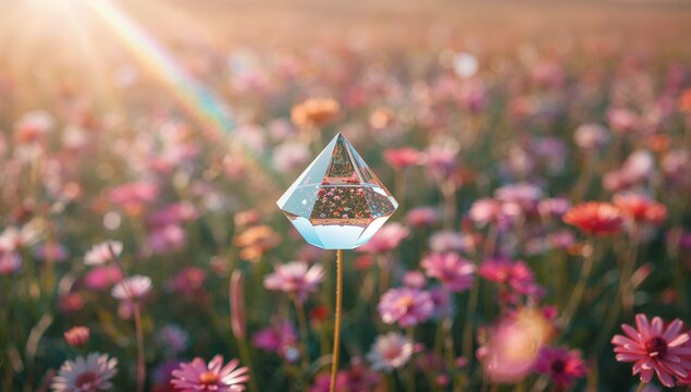 Glass prism balancing on slender flower stem in meadow under sunlight, with pink magenta blooms