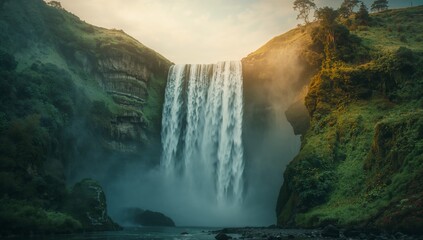 Cascading waterfall tumbling into river pool at canyon, with cliffs, rising mist and lush greenery