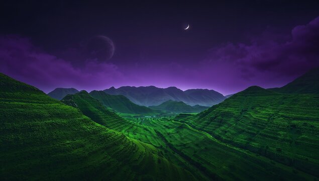 Revealing terraced hills and valley stretching across slopes, with violet twilight, crescent moon - Powered by Adobe
