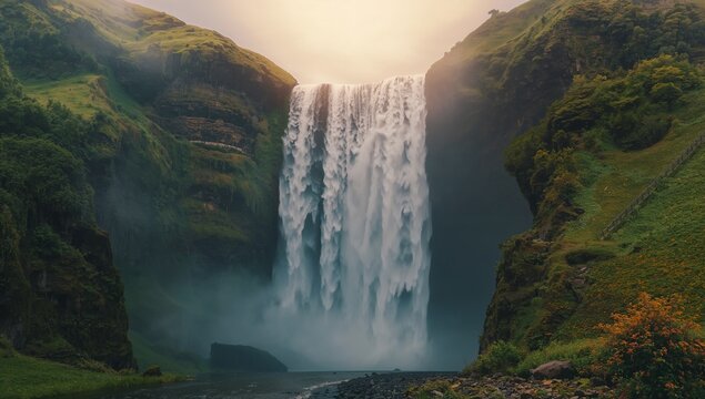 Plunging waterfall cascading into misty river gorge with mossy cliffs, rocky bank, fenced footpath - Powered by Adobe
