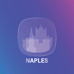 Naples, Italy: icon and logo prototype with glass liquid effect. Flat emblem with shapes of landmarks. Concept for mobile app, sticker, web element