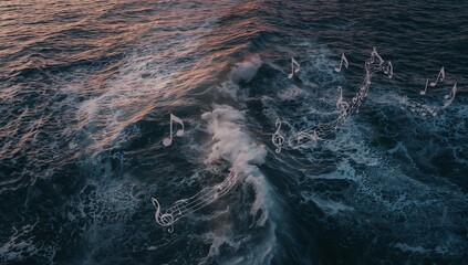 Rising central cresting wave reflecting dusk light in open ocean, with translucent musical notation