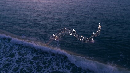 Drifting stylized musical notation dancing above calm sea shoreline at dusk, with treble clef