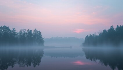 Fototapeta premium Hovering mist creating mirror-like conifer silhouettes at lakeside over calm water, pastel sky hues
