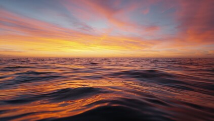 Obraz premium Displaying ocean surface reflecting warm sunset shades over tranquil open sea, colorful sky