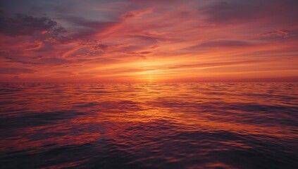 Obraz premium Shining sun above horizon reflecting warm hues on open sea at sunset, with layered clouds