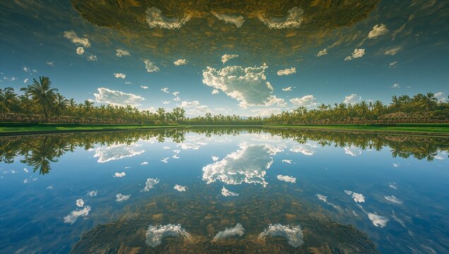 Displaying calm waterscape mirroring palm trees and clouds at lakeside, with submerged vegetation