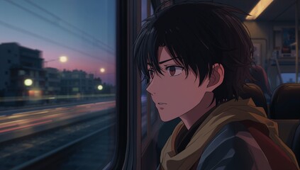 Gazing Asian male riding train at dusk, with window showing cityscape and overhead lights, copy sp