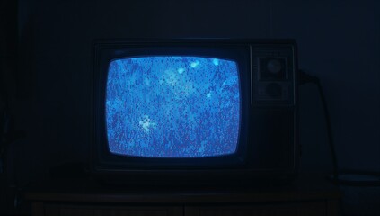 Vintage CRT television showing blue static noise in dim room on wooden cabinet, with power cable