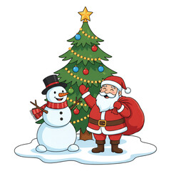 
Illustration of a snowman and Santa Claus carrying gifts in front of a fir tree decorated with Christmas accessories. Isolated on a white background.