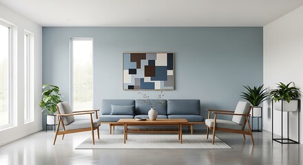 mid century modern minimalist living room with blue with gray and oak tones