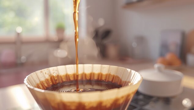 Pouring coffee stream through paper filter on kitchen countertop with dripper cone and grounds
