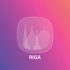 Obraz premium Riga, Latvia: icon and logo prototype with glass liquid effect. Flat emblem with shapes of landmarks. Concept for mobile app, sticker, web element