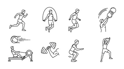 Fitness icons: A collection of dynamic fitness icons depicting various workout routines, ideal for illustrating exercise guides or promoting healthy living. 