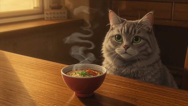 Gazing gray tabby cat eyeing steaming ramen bowl on wooden table in kitchen nook, copy space - Powered by Adobe