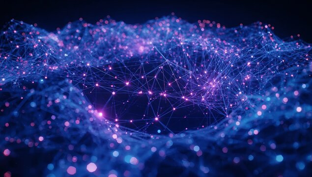 Undulating digital network mesh shifting in dark void, with glowing nodes and connecting strands