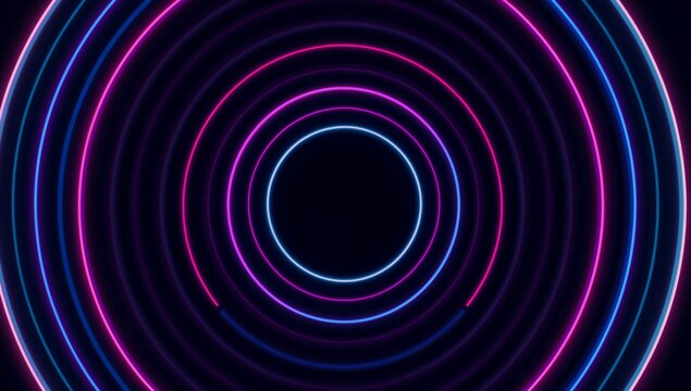 Forming glowing concentric neon rings drawing viewer inward in digital virtual space, cyber theme