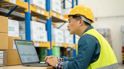 Warehouse worker analyzing data on laptop, logistics management, supply chain monitoring - Powered by Adobe