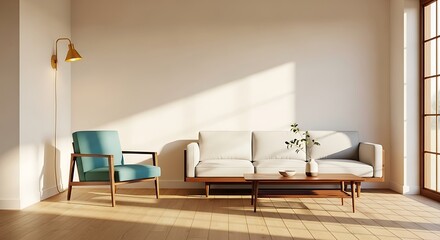 mid century modern minimalist living room with light oak flooring