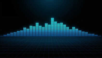 Displaying digital audio equalizer bars above glowing grid plane, with cyan and blue hues