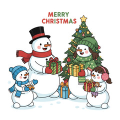 Illustration of a snowman family with their two children celebrating Christmas. Isolated on a white background.