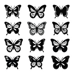 Spring Butterfly Silhouette Collection. Black & White Silhouette Illustrations for Decor and Invitations. Line Art Vector for Baby Shower & Party Design