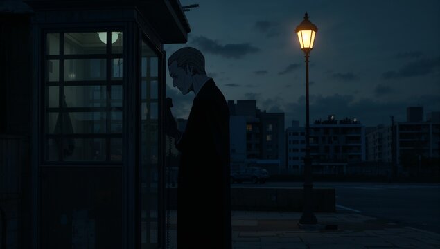 Standing man wearing suit holding telephone receiver in booth under street lamp on dock, copy space