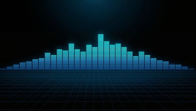 Displaying digital audio equalizer bars above glowing grid plane, with cyan and blue hues - Powered by Adobe