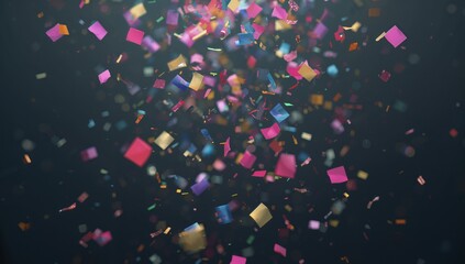 Floating confetti scattering across dark backdrop, with square rectangle shapes and glitter flecks