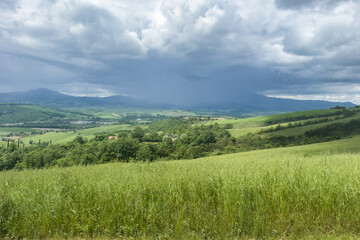 Fototapeta premium lush green Tuscan hills under dramatic stormy sky. countryside landscape with sown fields. agriculture and countryside lifestyle themes. travel, eco