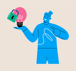 Woman standing with light bulb idea locked. Intellectual property concept. Colorful vector illustratio