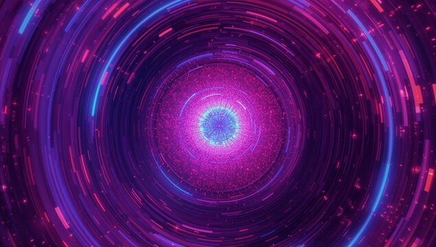 Pulsing central core sphere in digital vortex with concentric rings, data fragments, neon panels