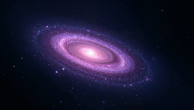 Glowing central spiral galaxy radiating light in deep space, with pink purple star clusters