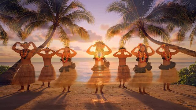 Hula Dancing at Sunset on Tropical Beach with Palm Trees