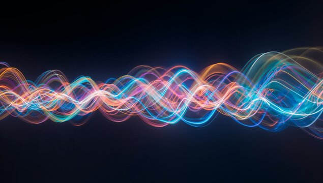 Weaving central band of glowing wave ribbons across dark void, with interlaced neon trails