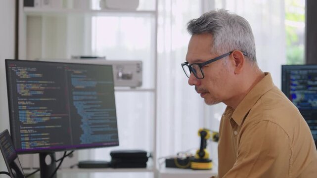 Developer software programmer computer coding screen working technology engineering monitor at modern workspace