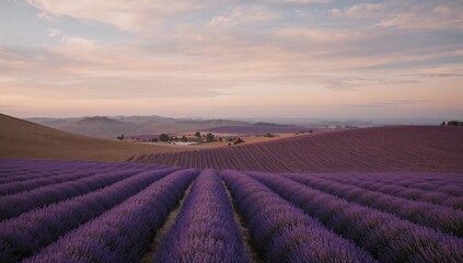 Fototapeta premium Stretching lavender rows filling farmland at sunrise, with barns, furrows and scattered trees