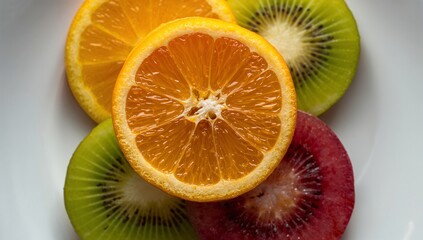 Displaying halved orange slice on white ceramic plate, with green kiwi slices and red kiwi slice