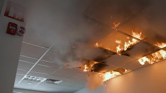 Intense flames and thick smoke spreading rapidly across the ceiling tiles of an office building while the red fire alarm strobe light flashes, signaling a dangerous and destructive emergency